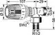 Rücklauftemperaturbegrenzer mit axialer Form und Außengewinde. Abgebildet sind Maße und Anschlussdetails. Produkt von IMI Hydronic Engineering.